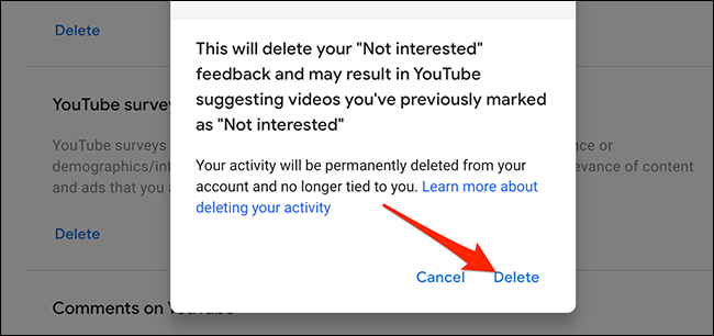 Selecione "Excluir" no prompt "Comentários não interessados ​​no YouTube".