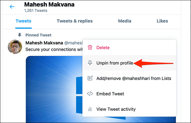 Selecione "Desafixar do perfil" para um tweet no Twitter.