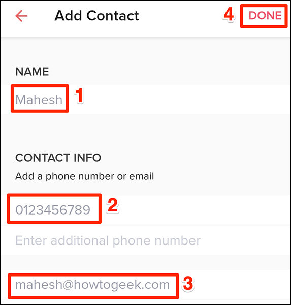 Insira manualmente os detalhes de contato de uma pessoa no Tinder.