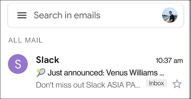 Aplicativo móvel do Gmail mostrando todos os e-mails em vez de categorias de guias.