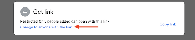 Clique no botão "Alterar para qualquer pessoa com o link" para ativar o compartilhamento de link.