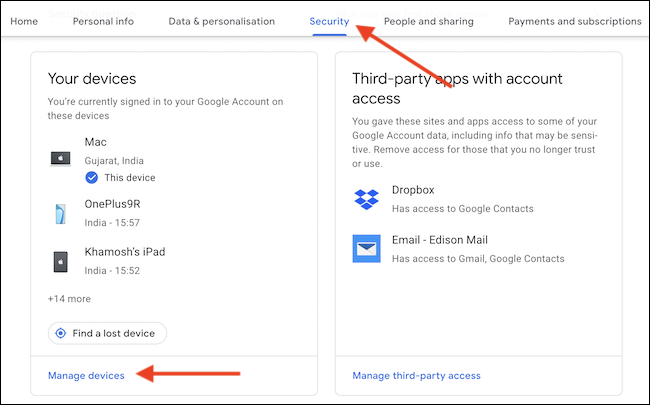 Clique no botão gerenciar dispositivos na guia Segurança