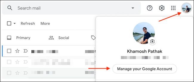 Selecione "Gerenciar sua conta do Google" no menu Perfil do Google.