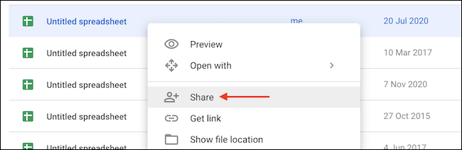 Clique no botão "Compartilhar" no menu do botão direito do Google Drive.