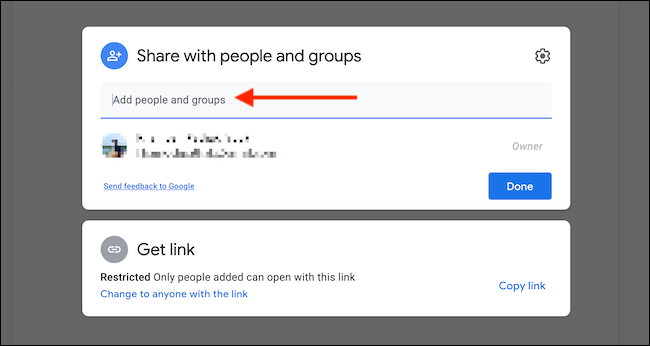Escolha a caixa de texto "Adicionar pessoas e grupos" para convidar pessoas usando o endereço de e-mail. 