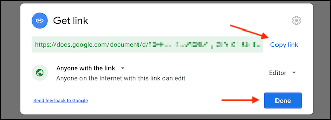 Clique em "Copiar link" para copiar o link de compartilhamento para a área de transferência.  Em seguida, clique em "Concluído" para voltar.