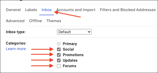 Na guia "Caixa de entrada" nas configurações do Gmail, desative as categorias da guia que deseja ocultar.