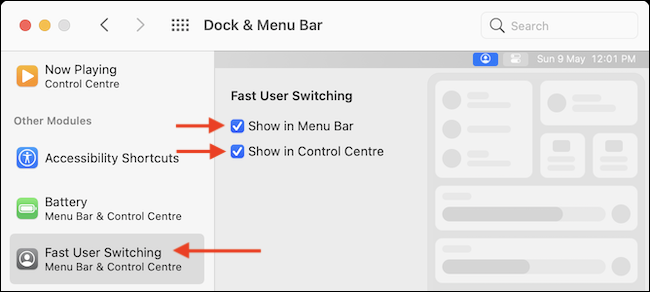 Habilite o recurso de troca rápida de usuário para a barra de menus e o centro de controle.