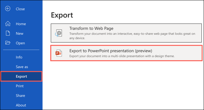 Clique em Arquivo> Exportar> Exportar para apresentação do PowerPoint