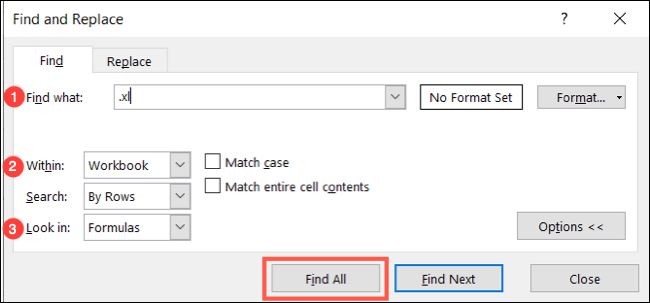 Encontre e substitua as configurações, clique em Encontrar tudo