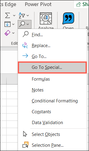 Clique em Find & Select e escolha Go To Special