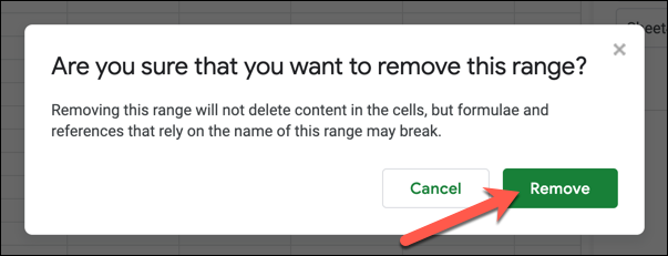 Para confirmar a remoção de um intervalo de nome salvo, pressione o botão "Remover" no menu pop-up.