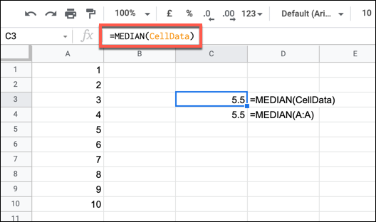 Um exemplo de fórmula MEDIAN usando um intervalo nomeado.