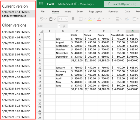 Versões anteriores no Excel para a Web