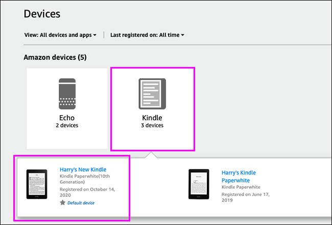 página de gerenciamento de dispositivos kindle