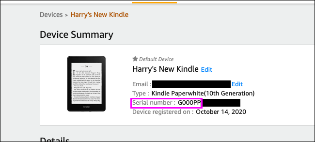 número de série do kindle