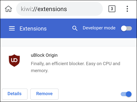 uBlock no navegador Kiwi.