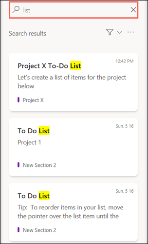 Pesquise seu feed do OneNote