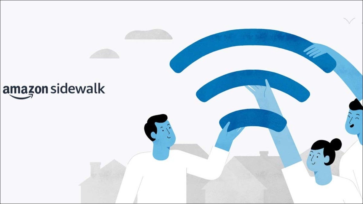 Texto da Amazon Sidewalk e ilustração de pessoas segurando parte do símbolo de WiFi