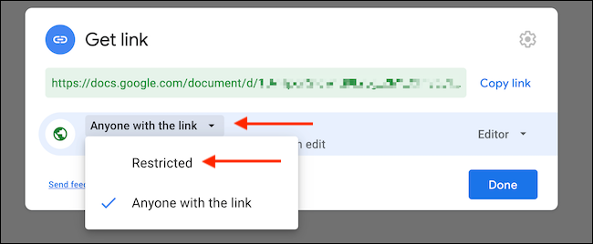 Clique na opção "Qualquer pessoa com o link" e mude para "Restrito" para desativar o compartilhamento de link. 