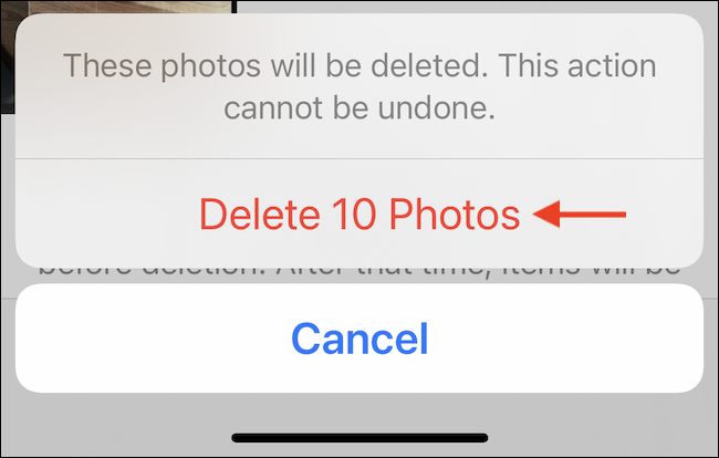 Toque em "Excluir fotos" ou "Excluir vídeos" para excluir permanentemente as fotos do iPhone ou iPad.