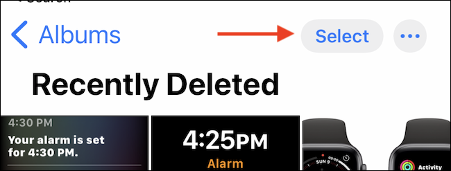 Toque no botão "Selecionar" no álbum "Excluídos recentemente".