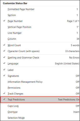 Previsões de texto verificadas na barra de status