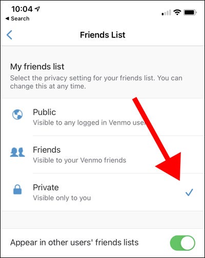 Lista de amigos Venmo definida como privada