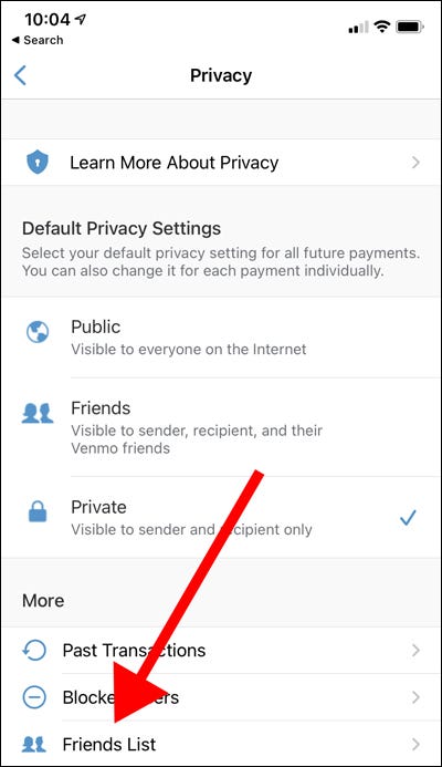 Menu de privacidade Venmo