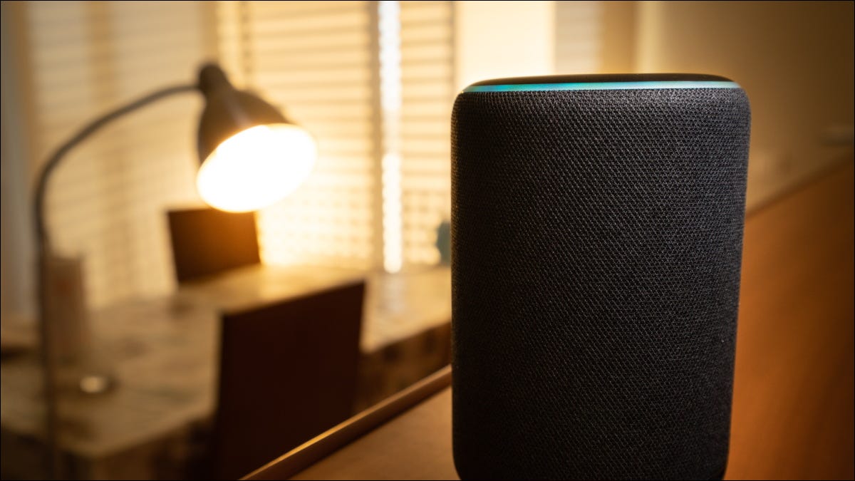 Um Amazon Echo Plus em frente a uma luminária de chão.