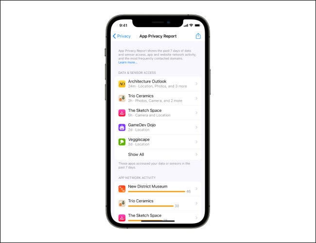 Relatório de privacidade do aplicativo no iOS 15.