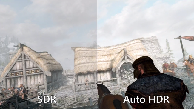 Comparando o SDR padrão com o HDR automático no Skyrim em um PC com Windows 11.