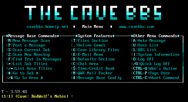 O menu principal do Cave BBS.