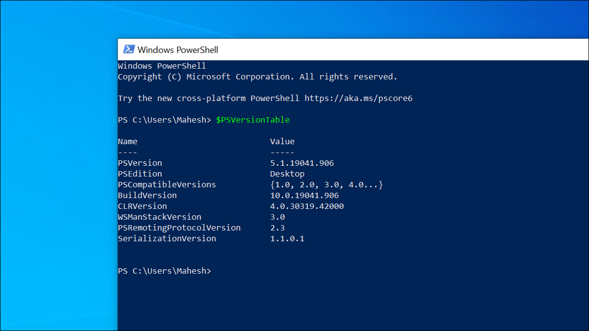 Uma janela do PowerShell em uma área de trabalho do Windows.