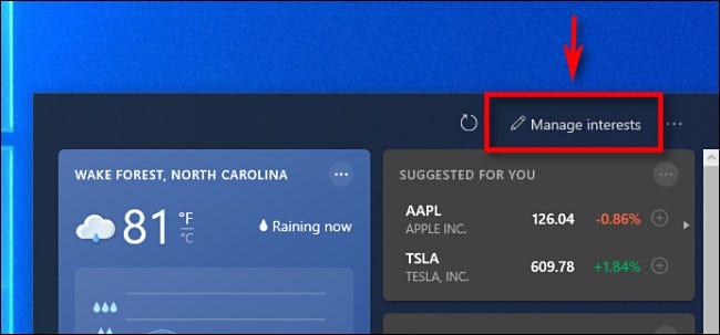 No widget de notícias do Windows 10, clique em "Gerenciar interesses".