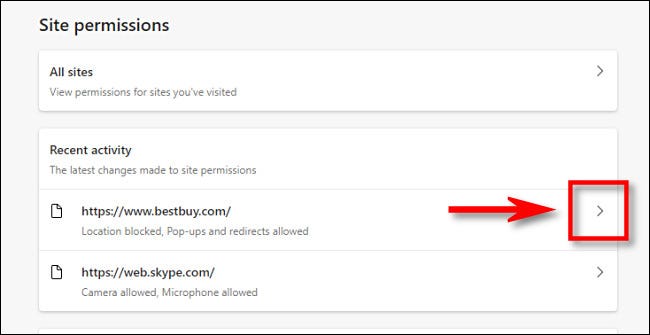 No Edge, clique na seta ao lado do site para o qual deseja editar as permissões.