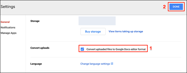 Habilite a opção de conversão no menu de configurações do Google Drive.