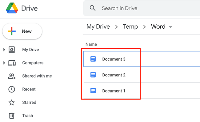 Um exemplo de arquivos convertidos para o formato do Google Docs no site do Google Drive.