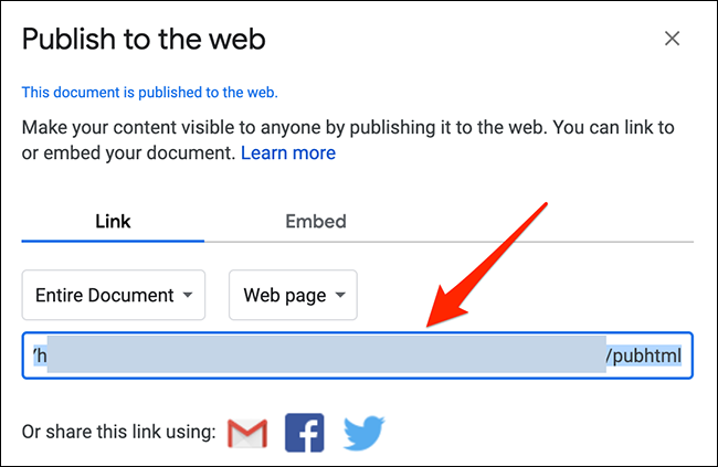 Copie o link do pop-up "Publicar na web" no Planilhas Google