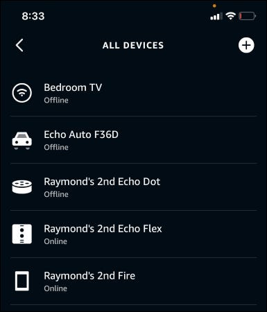 O aplicativo Alexa mostrando todos os dispositivos.