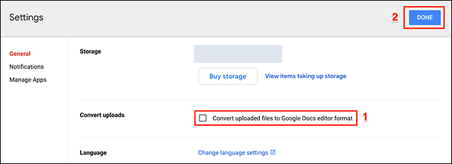 Desative a opção de conversão de arquivo no site do Google Drive.