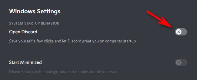 Em “Configurações do Windows”, clique no botão ao lado de “Abrir Discord” para desligá-lo.