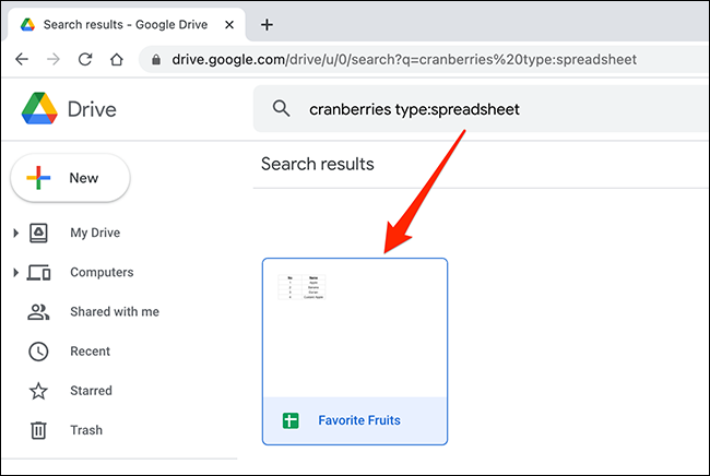 Resultados da pesquisa exibidos em uma janela do Google Drive.