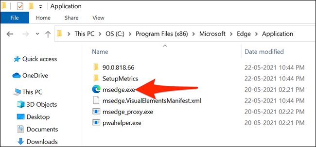 Arquivo executável do Microsoft Edge em uma janela do File Explorer.