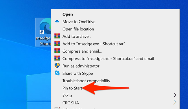 Botão direito do mouse no atalho da área de trabalho do Edge e selecione “Fixar para iniciar”.