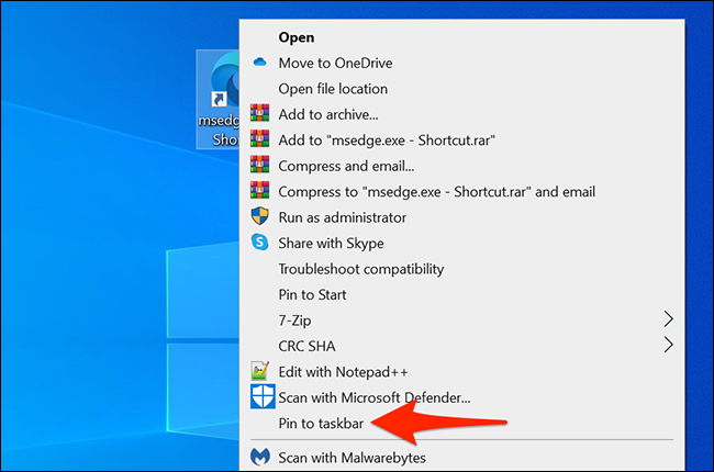 Clique com o botão direito no atalho da área de trabalho do Edge e selecione "Fixar na barra de tarefas".