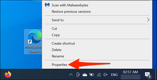 Clique com o botão direito no atalho do Edge e selecione “Propriedades” na área de trabalho do Windows.