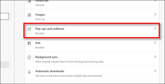 Clique em “Pop-ups e redirecionamentos”.
