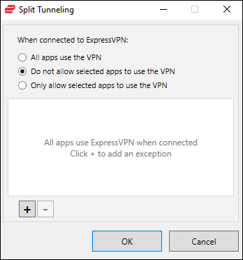 Opções de Split Tunneling do ExpressVPN no Windows 10.