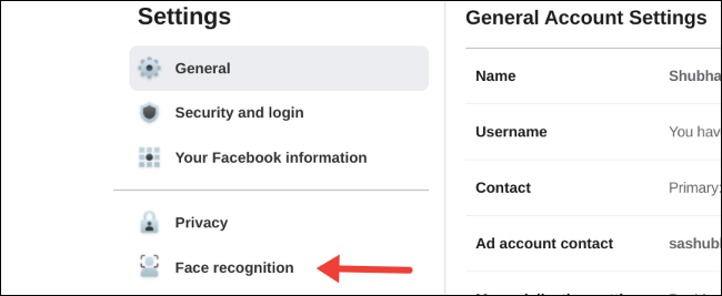 Visite a configuração de reconhecimento facial no Facebook